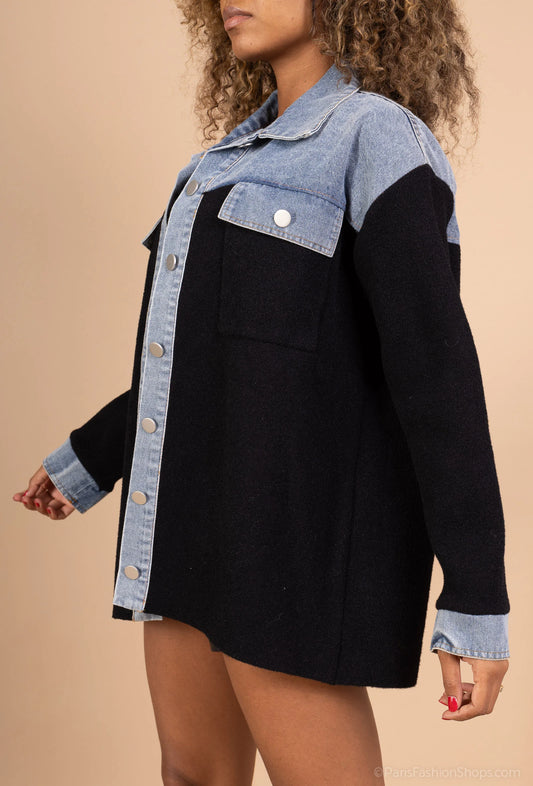 Oversized mixed-material jacket with contrasting panels