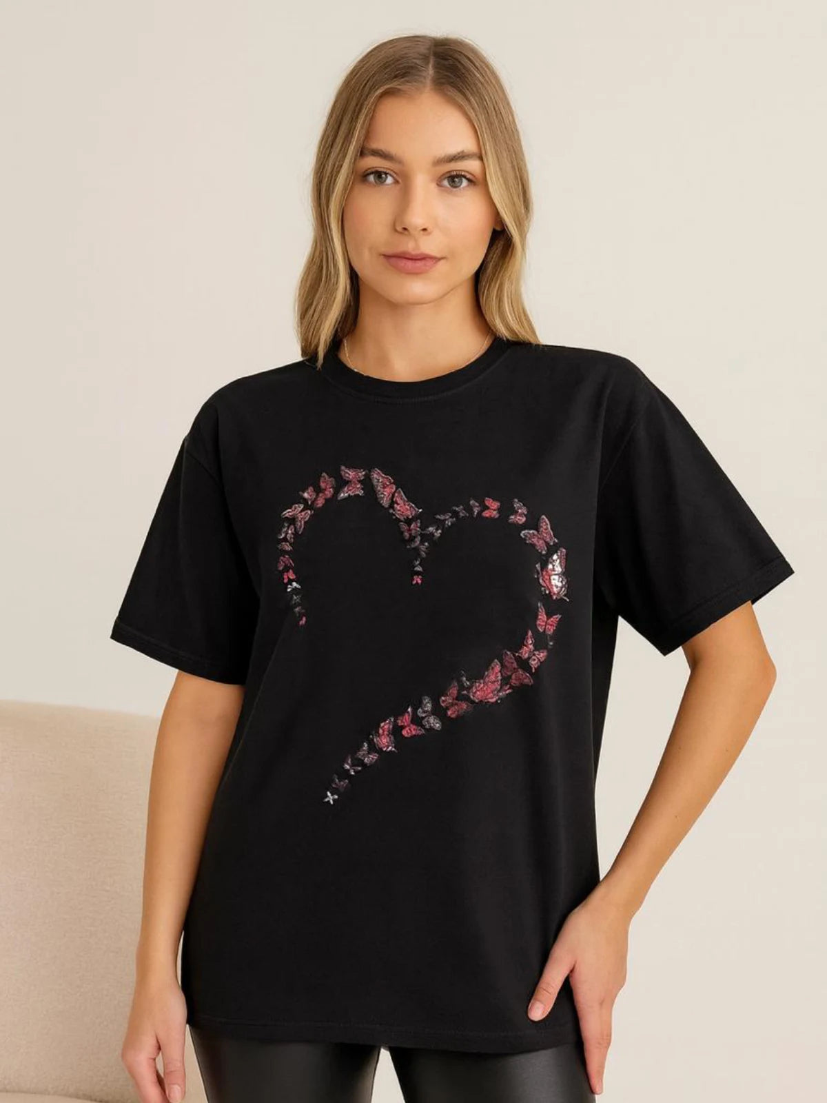 Ladies Butterfly Hearts Oversized Tshirt