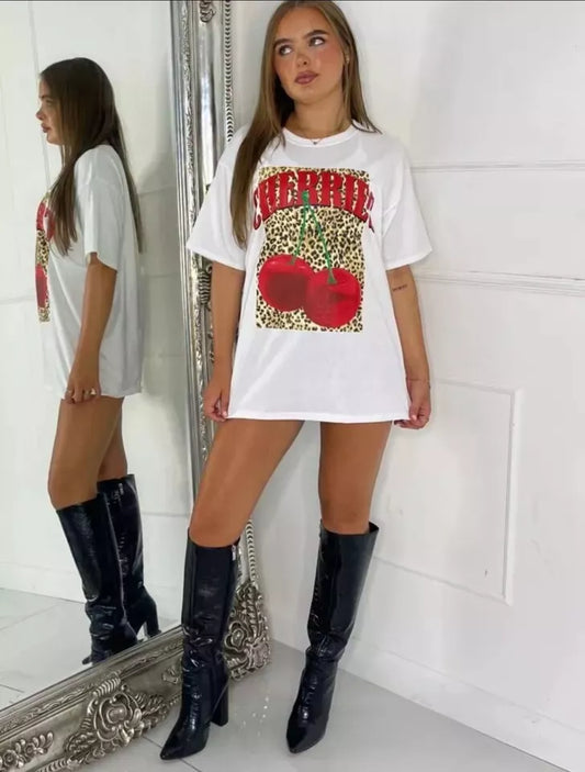 Ladies Leopard Cherry Oversized Tshirt