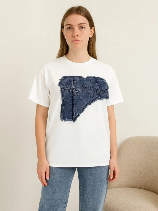 Denim Bra Patch T-Shirt Top