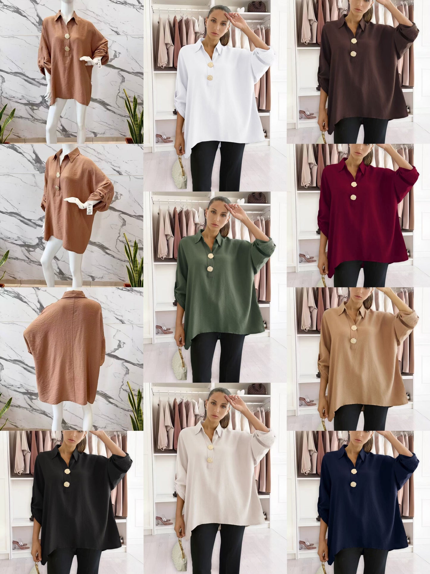 Blouse with golden button collar patterns