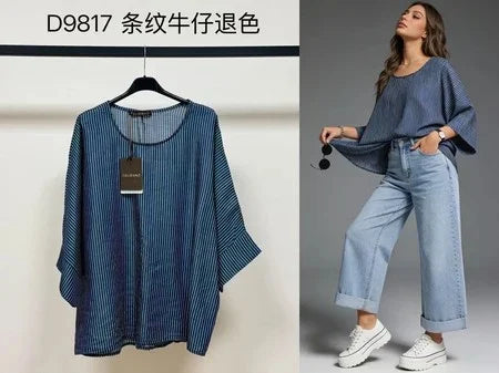 Oversized striped cotton blouse with 3/4 sleeves