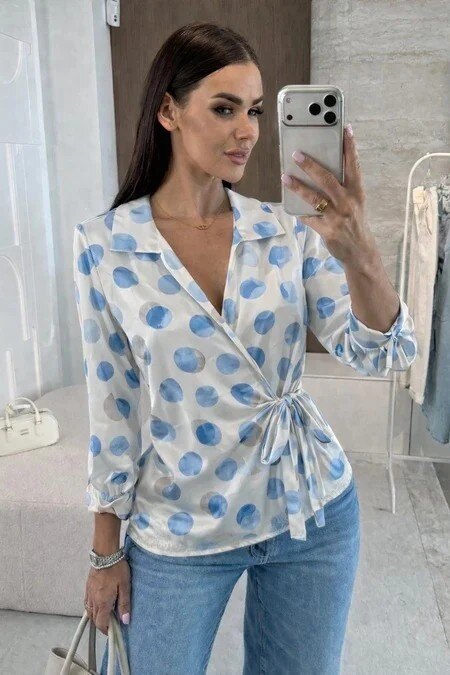 Polka dot wrap-around satin blouse