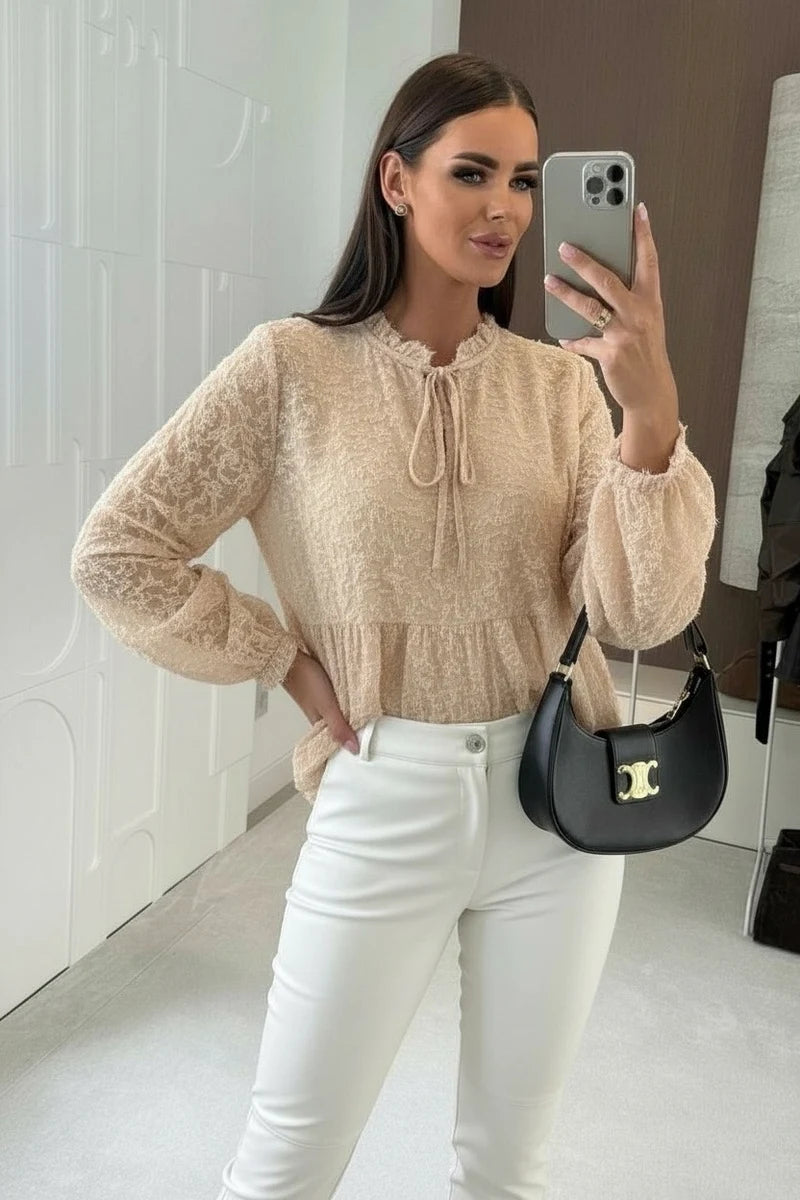 Fluffy textured blouse with tie collar