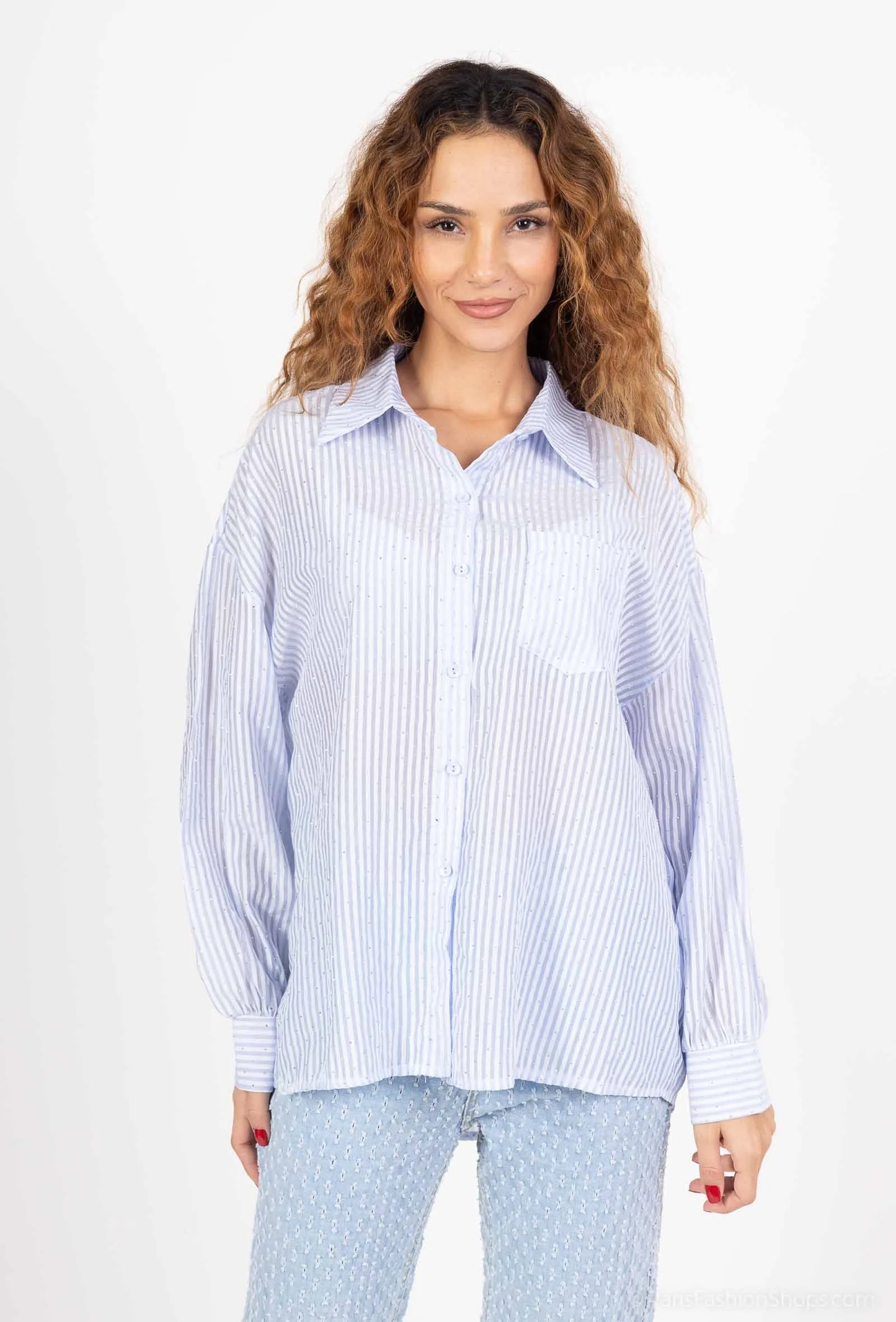 Oversized striped shirt with subtle rhinestones