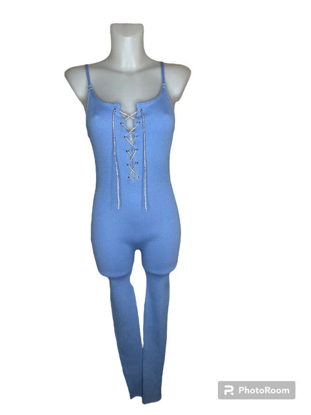 Ribbed jumpsuit with straps and rhinestone lacing
