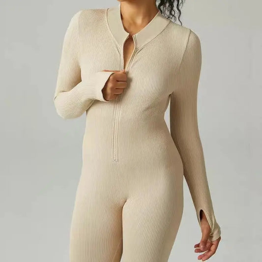 Ribbed zip-up jumpsuit with long sleeves and high collar