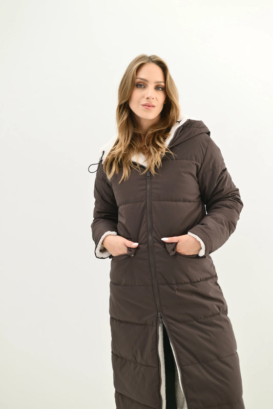EVEREST - Long reversible coat in faux fur and quilted puffer with hood