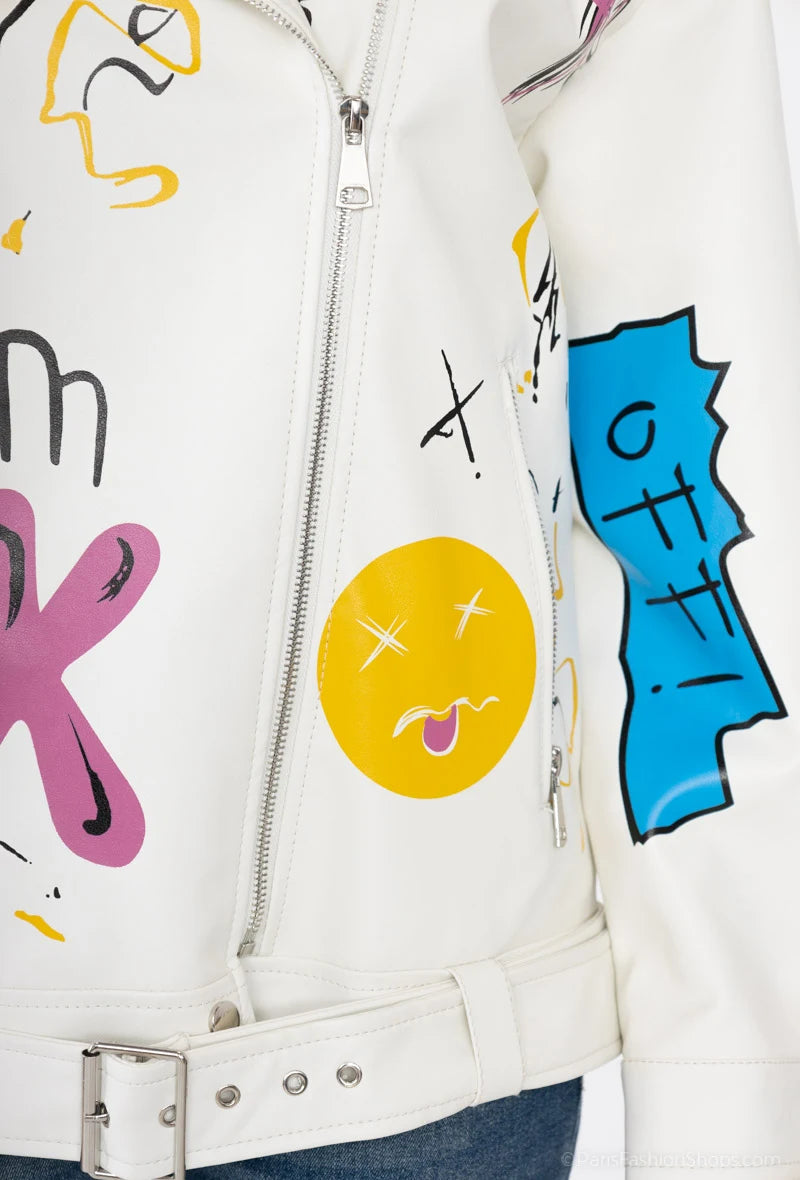 Women's black street style jacket with colorful prints – arty vibe