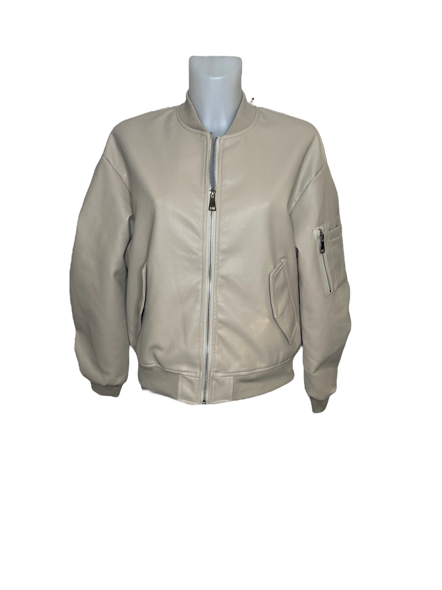 Women's oversized faux leather bomber jacket with straight cut, long sleeves, zip details, urban casual chic look