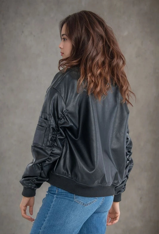Women's oversized faux leather bomber jacket with straight cut, long sleeves, zip details, urban casual chic look