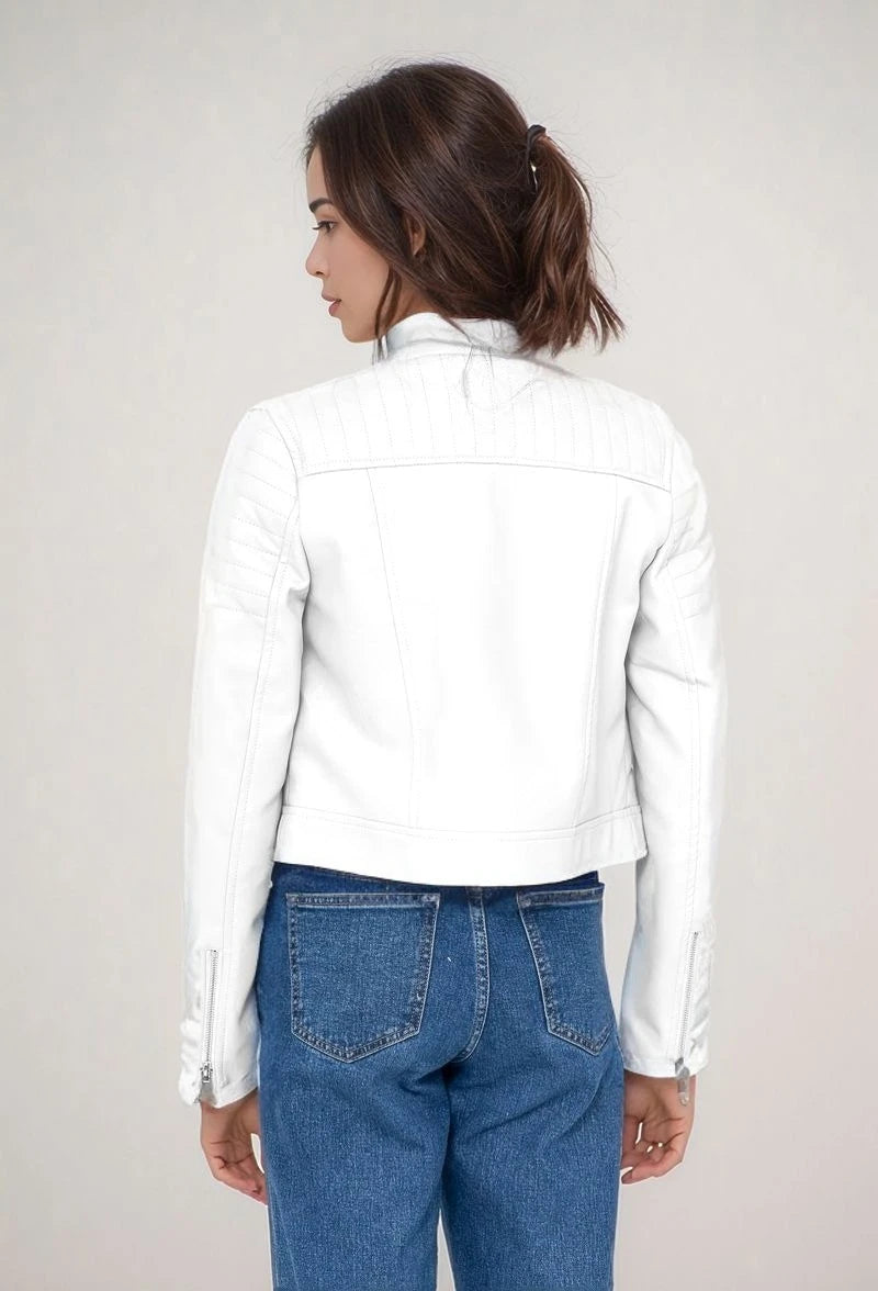 Women's short faux leather biker jacket with zip-up high collar