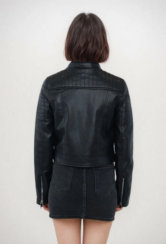 Women's short faux leather biker jacket with zip-up high collar