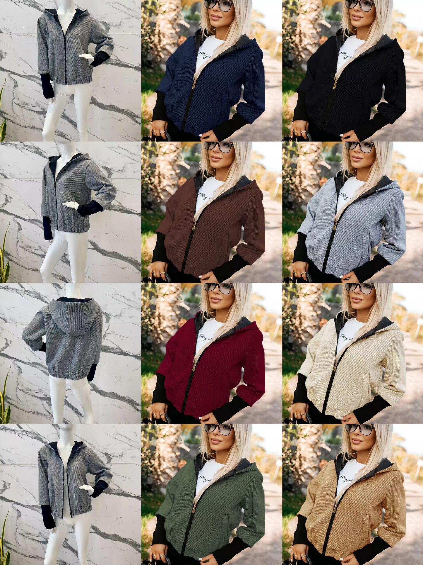 Textured knit hooded zipped vest with contrasting sleeves