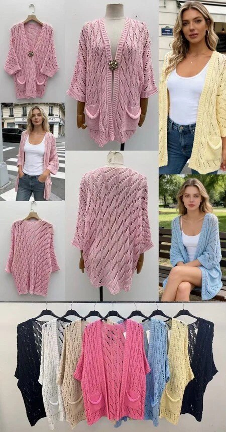 Openwork knit cardigan with 3/4 sleeves – Loose fit