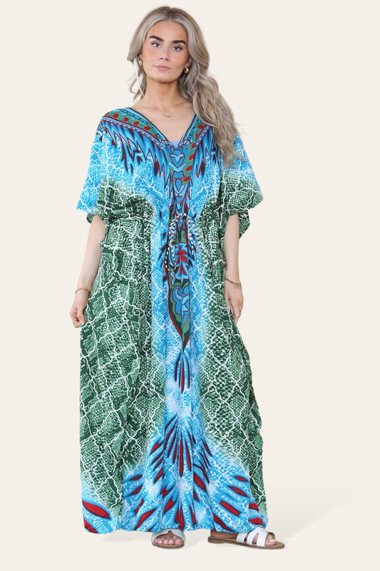 Long caftan with vibrant green geometric print, cinched waist, and adjustable silhouette Ref-7031-L