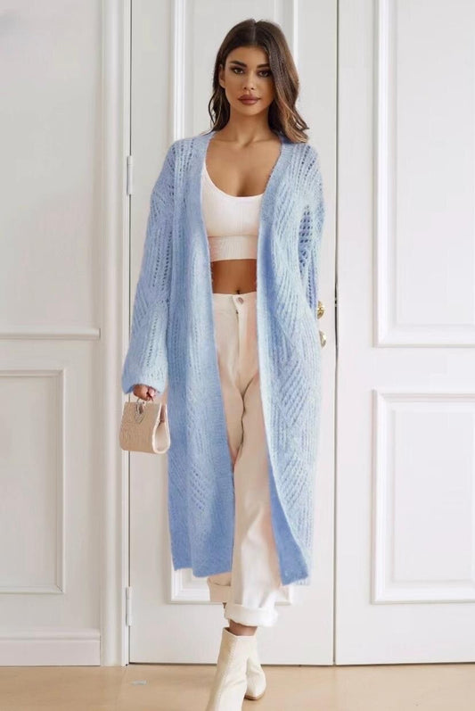 Long knit cardigan with geometric patterns