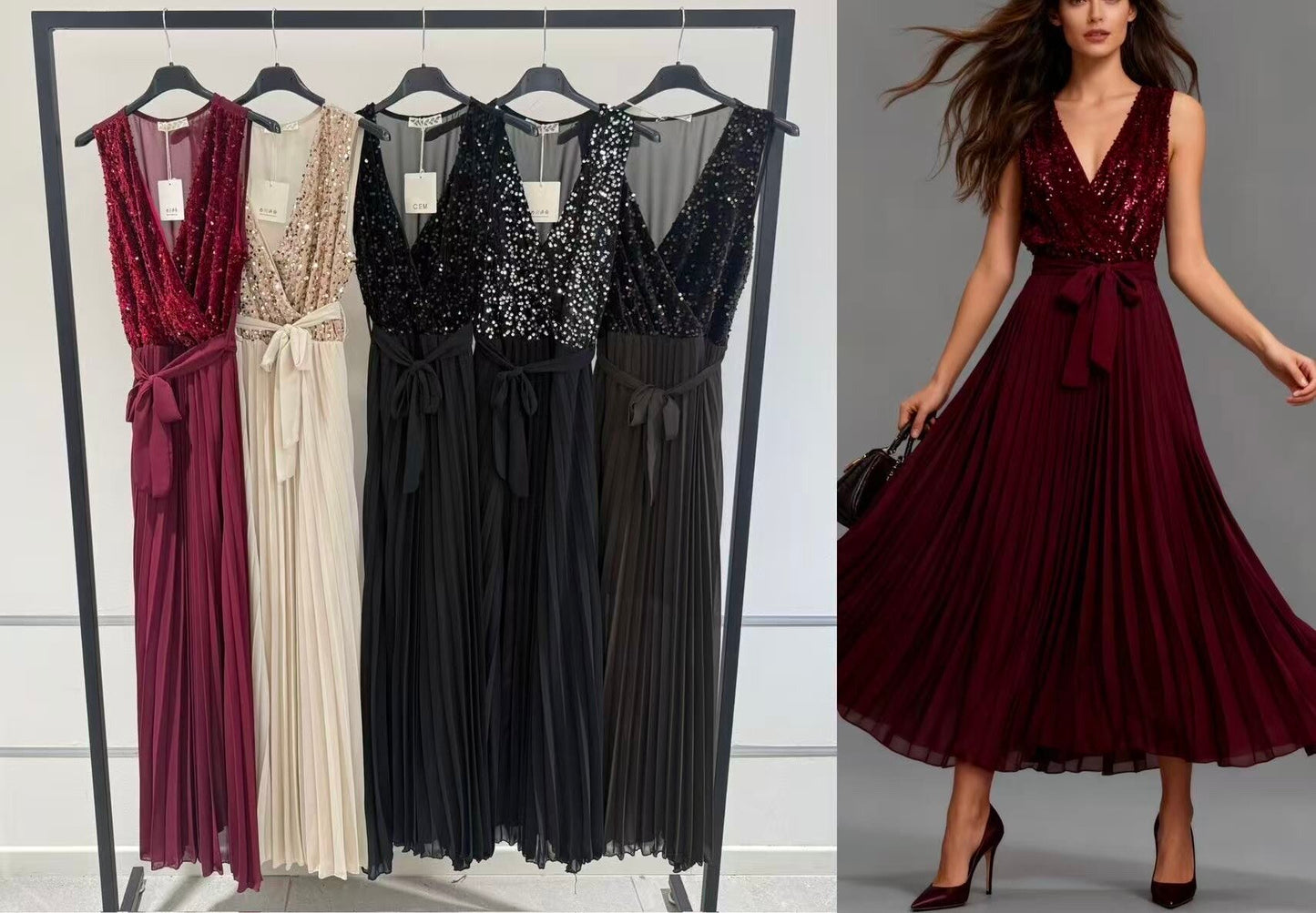 Long pleated sequin dress