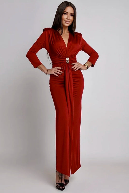 Long elegant dress with slit and jeweled belt