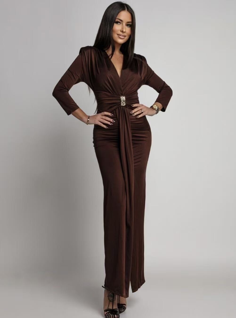Long elegant dress with slit and jeweled belt