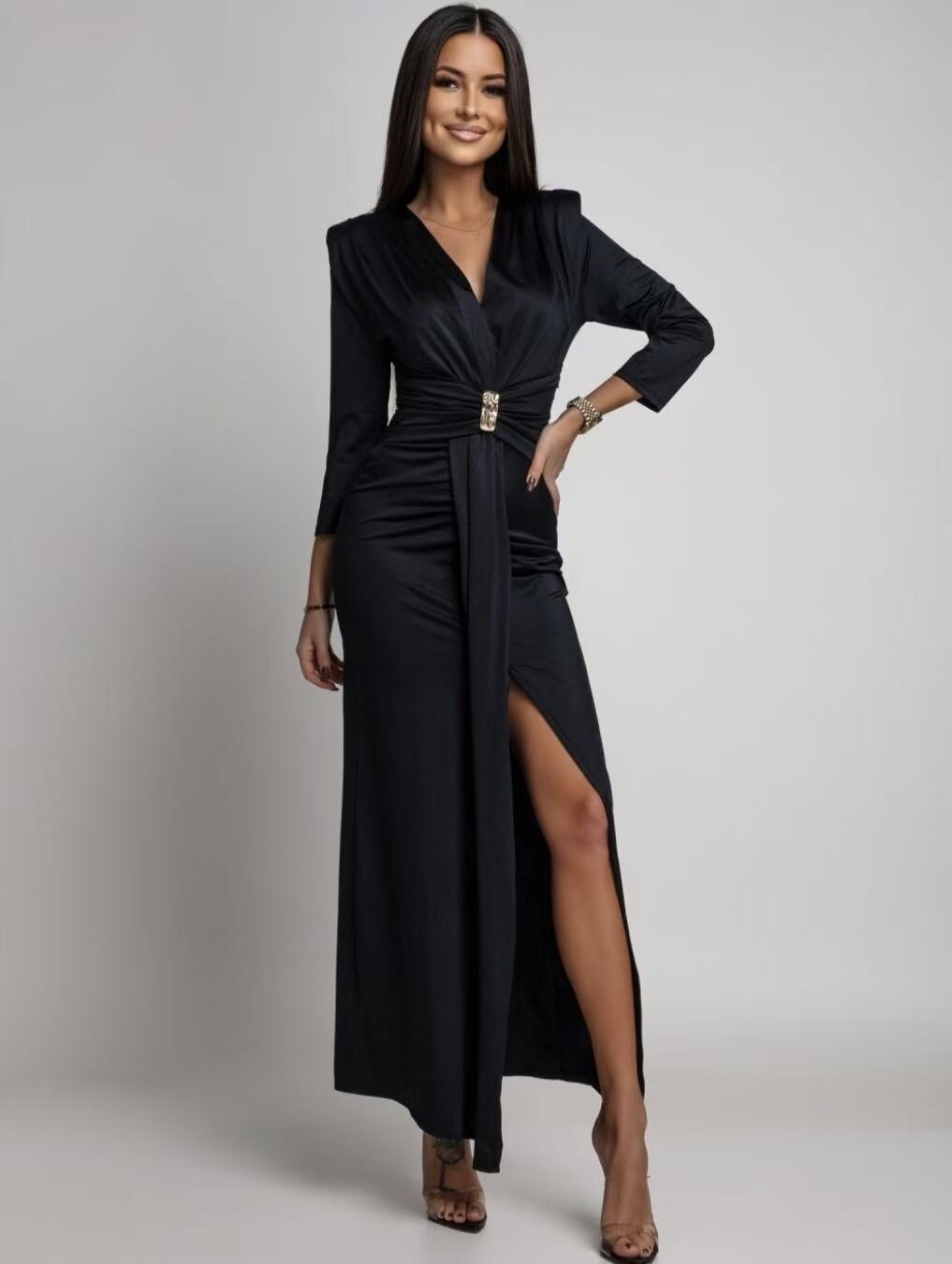 Long elegant dress with slit and jeweled belt