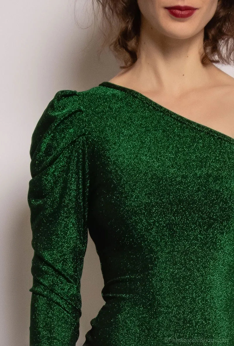 LUCIA – Asymmetrical sequined top with a ruched long sleeve