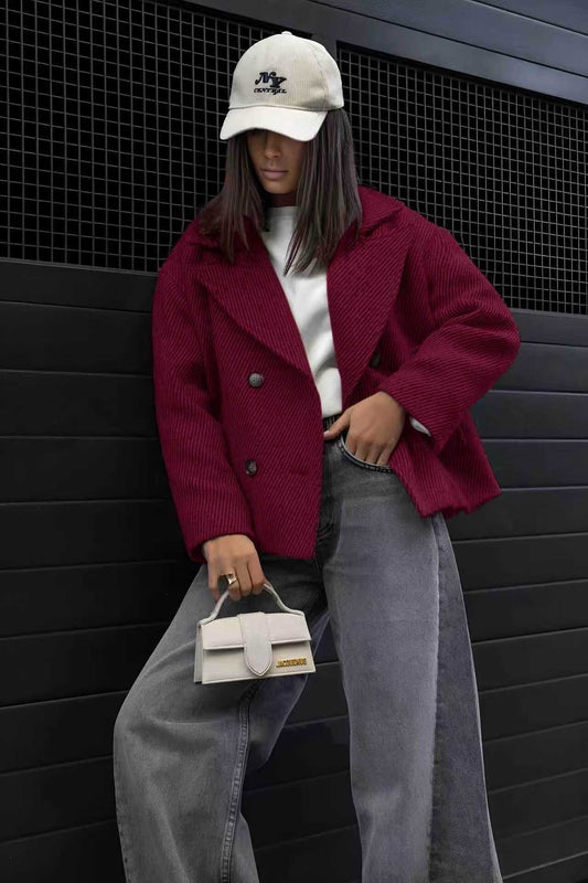 Textured fabric double-breasted coat jacket with lining