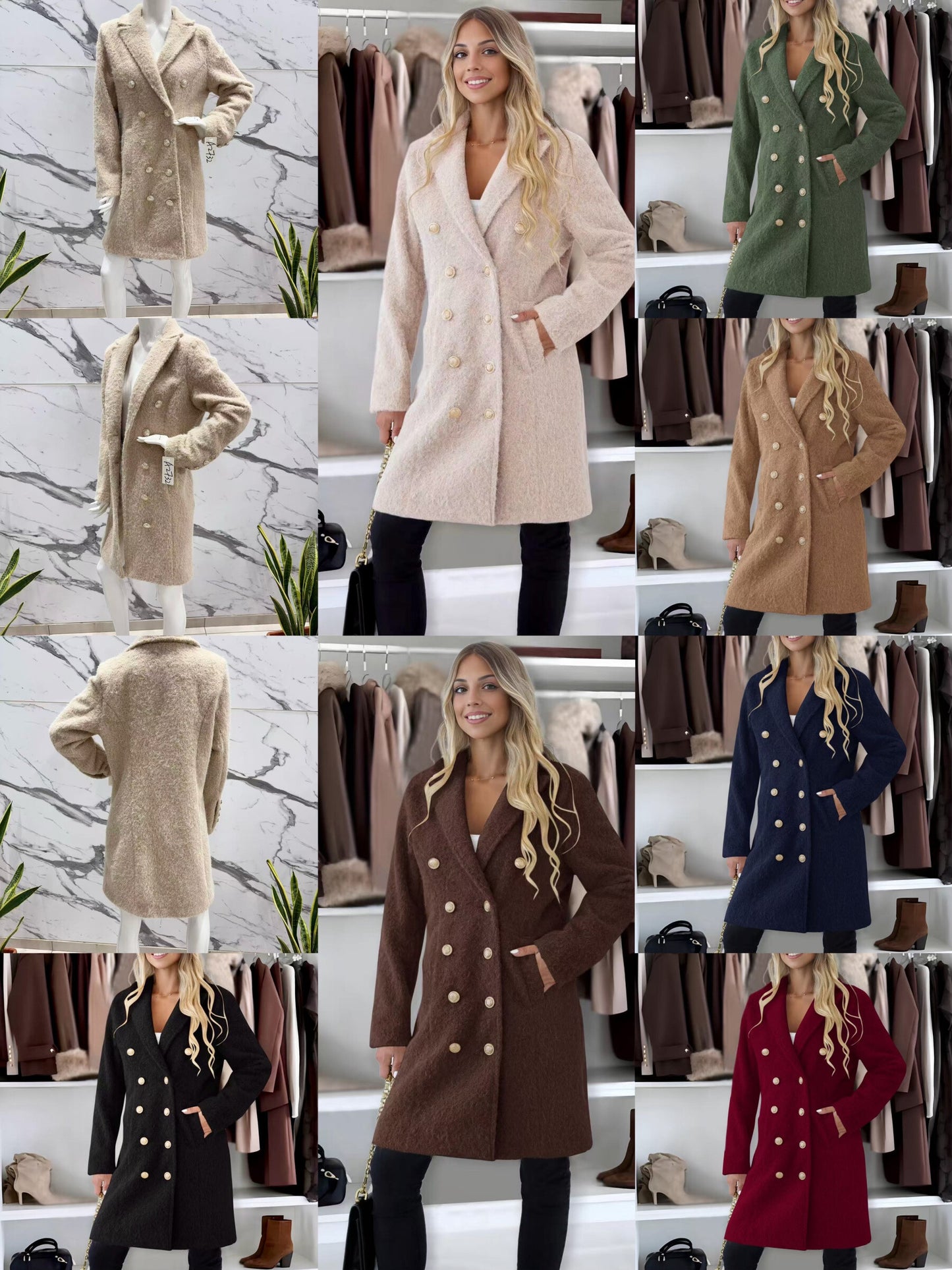 Chic coat with lining golden buttons textured and fluffy