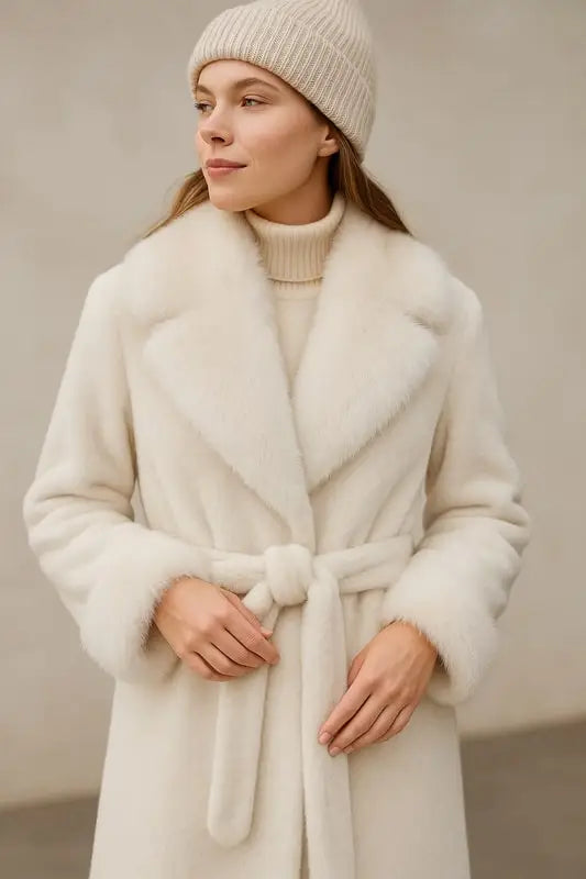 Long faux fur coat with shawl collar and tie belt – Luxury finish