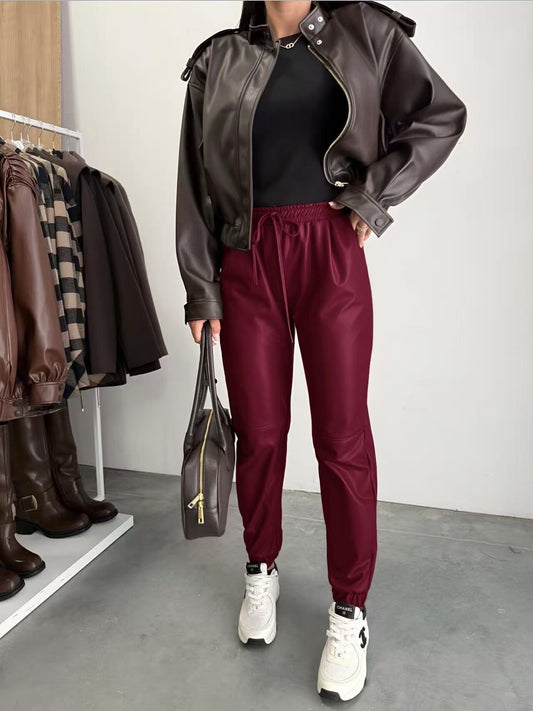 Elastic waist imitation leather pants