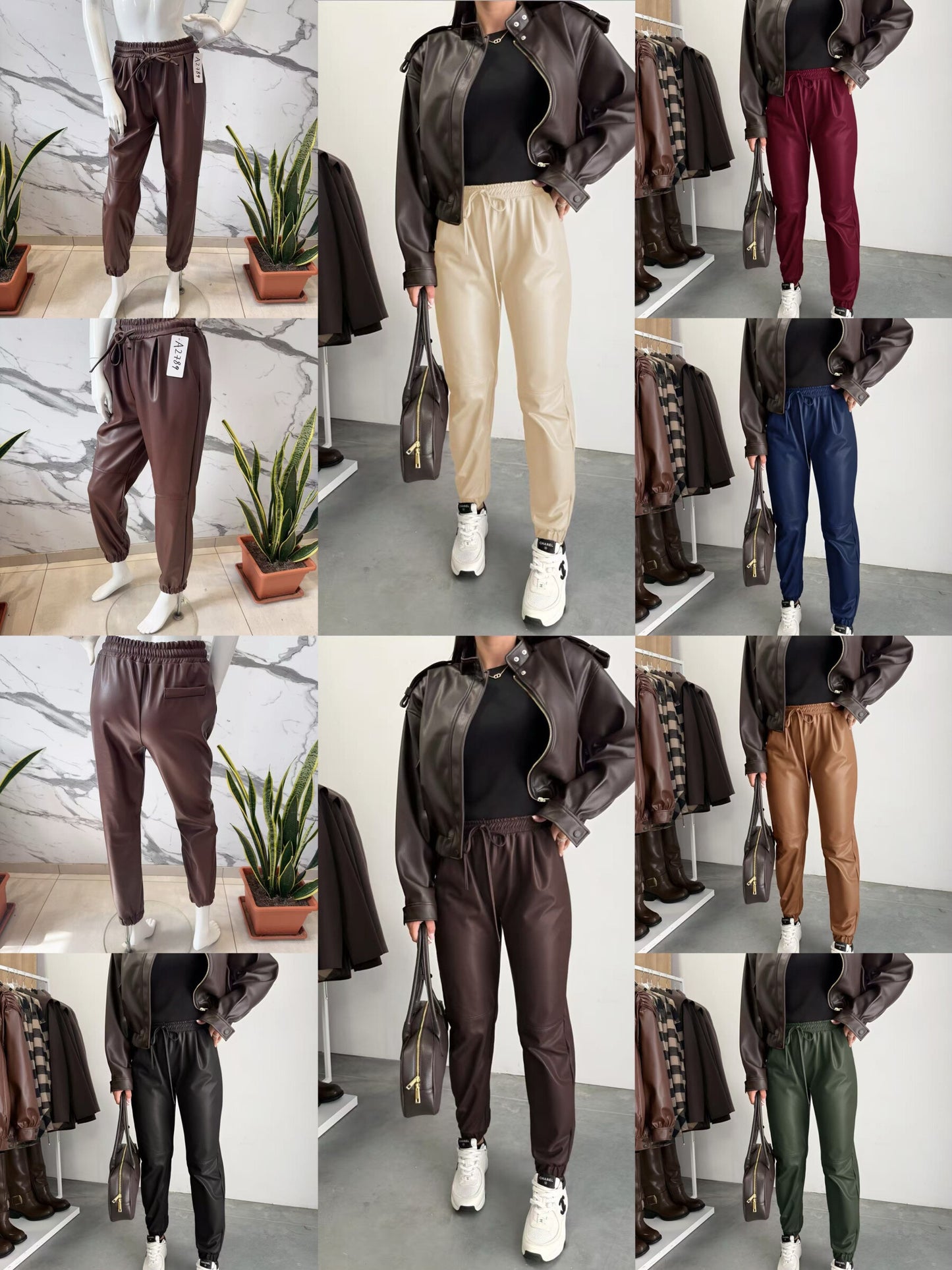 Elastic waist imitation leather pants