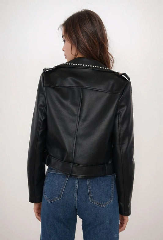Faux leather biker jacket with studded collar – buckle belt and metal finishes