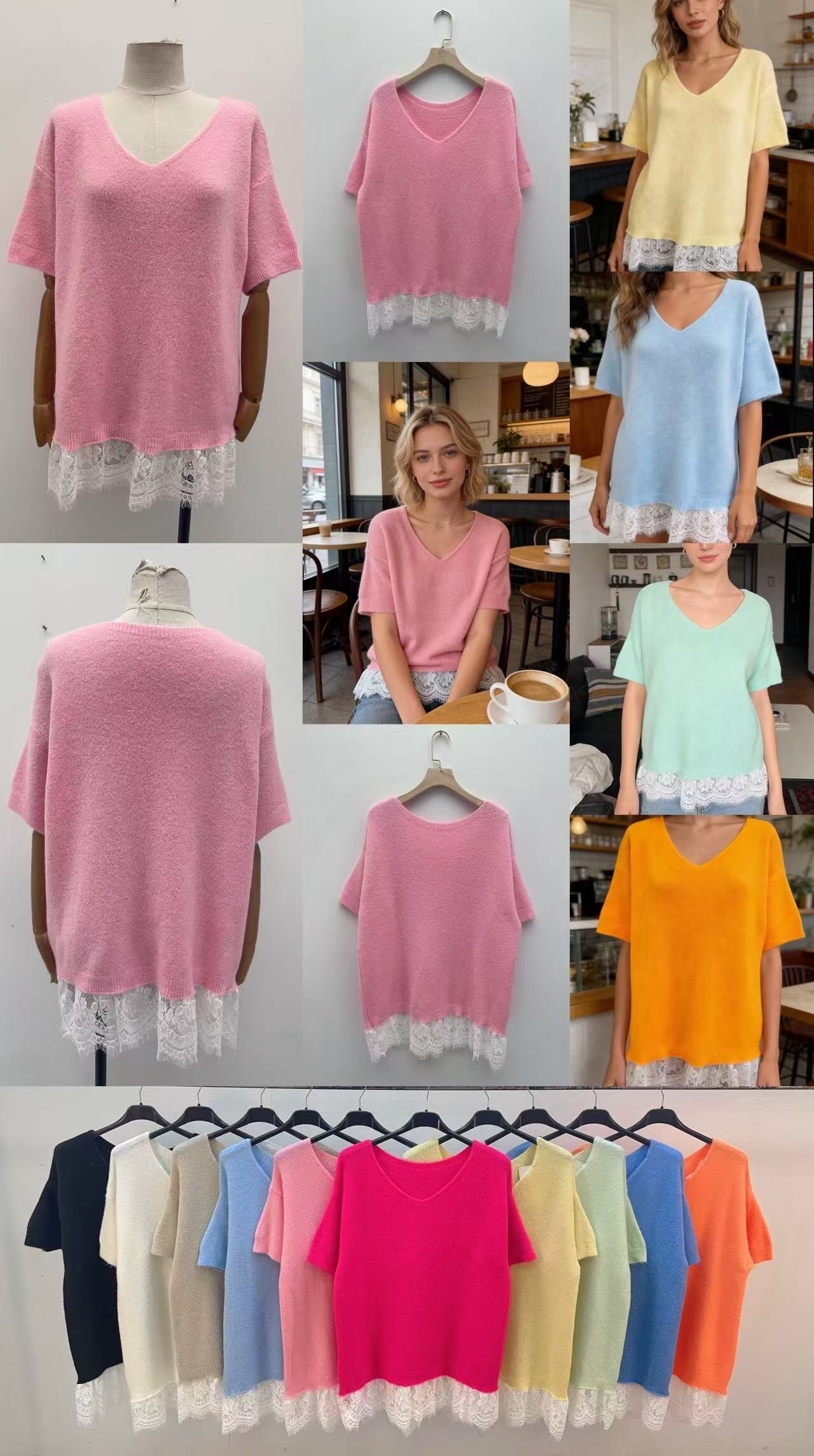 Baby alpaca sweater with lace detail V-neck short sleeves