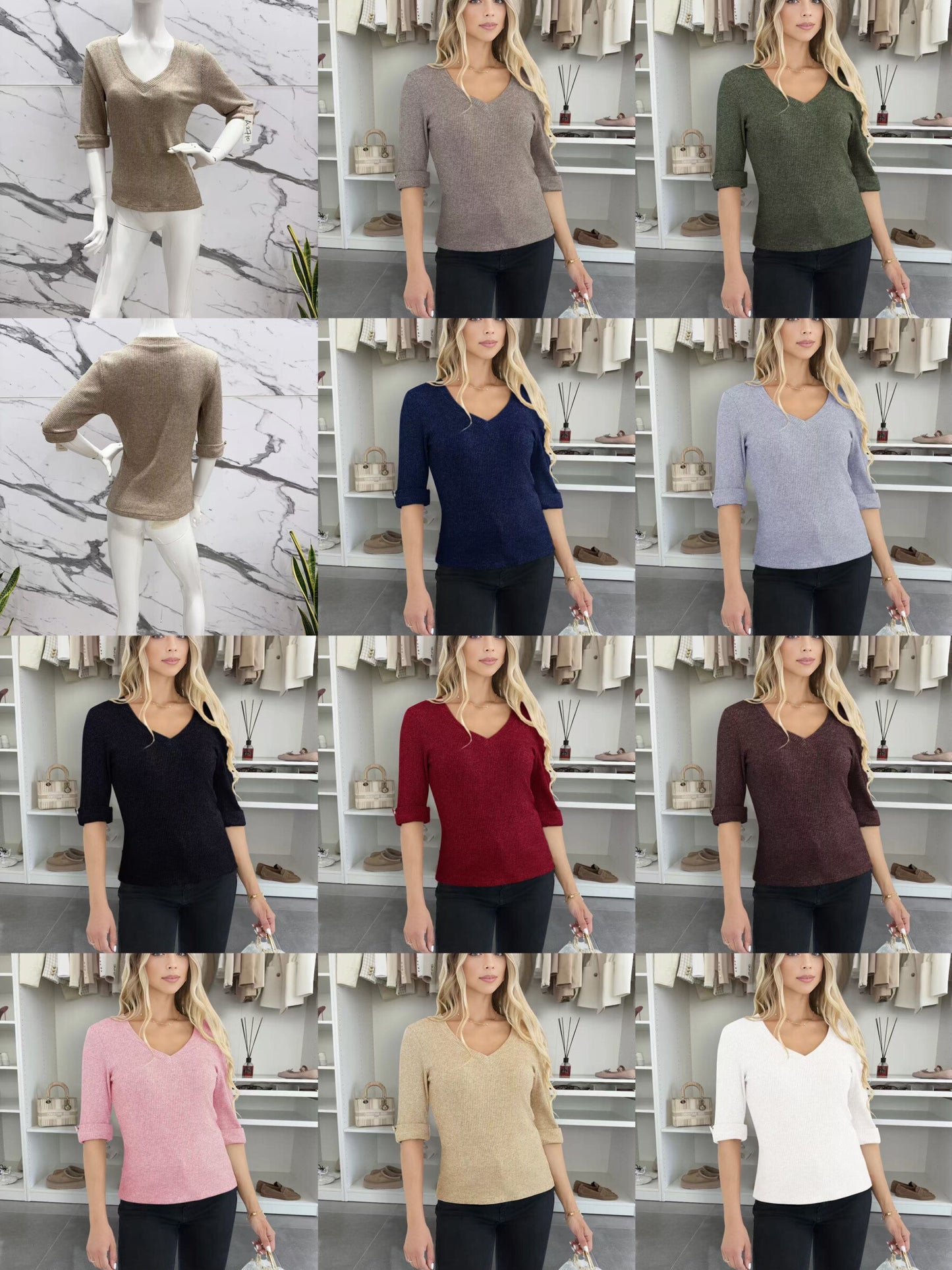 Sweater V -neck shiny materials short sleeves buttoned
