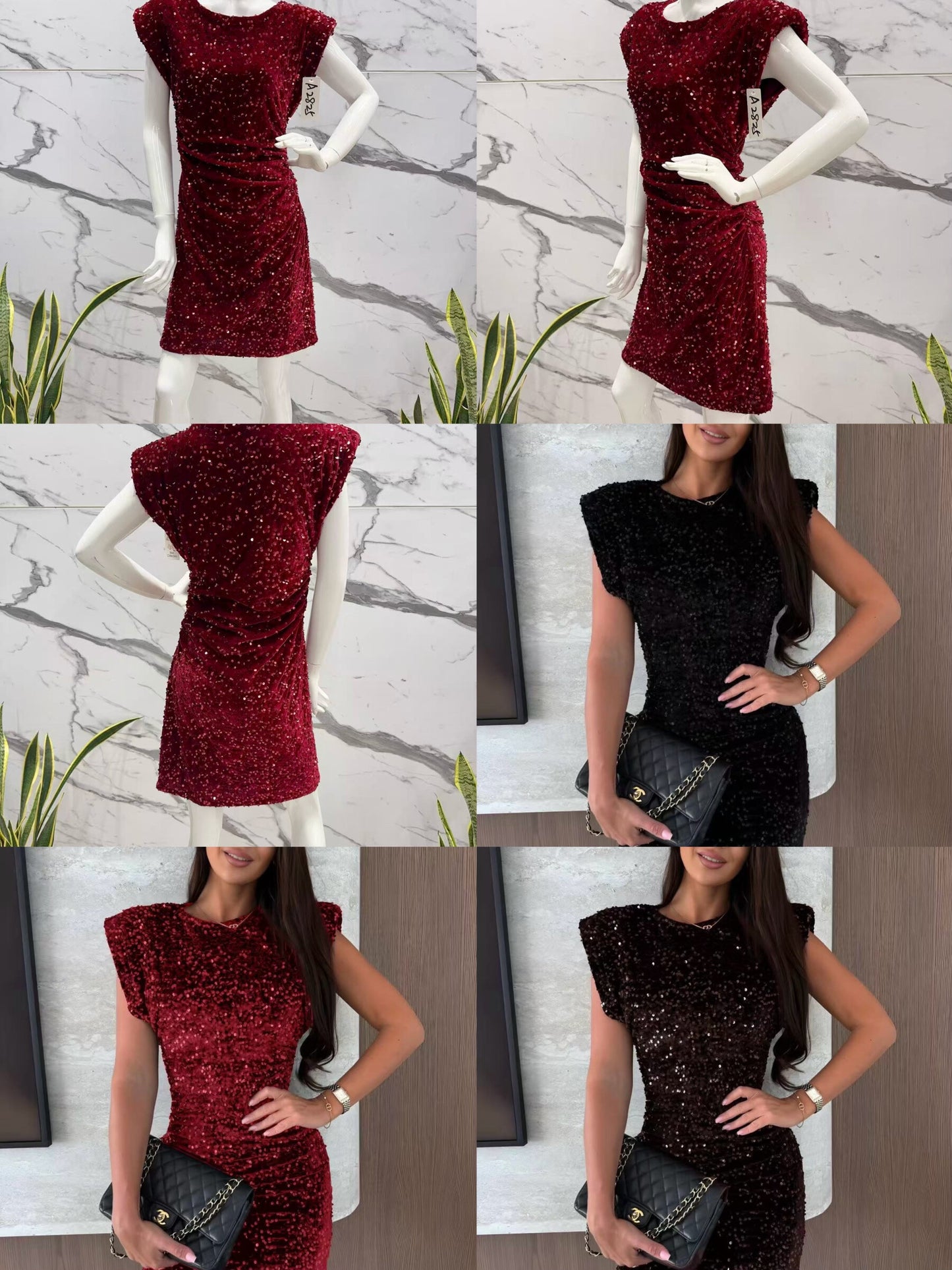 Sequin dress with shoulder pads