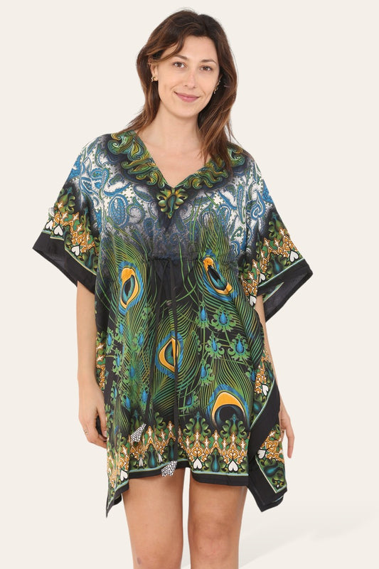 Short caftan dress, peacock feathered reb065s printed pattern