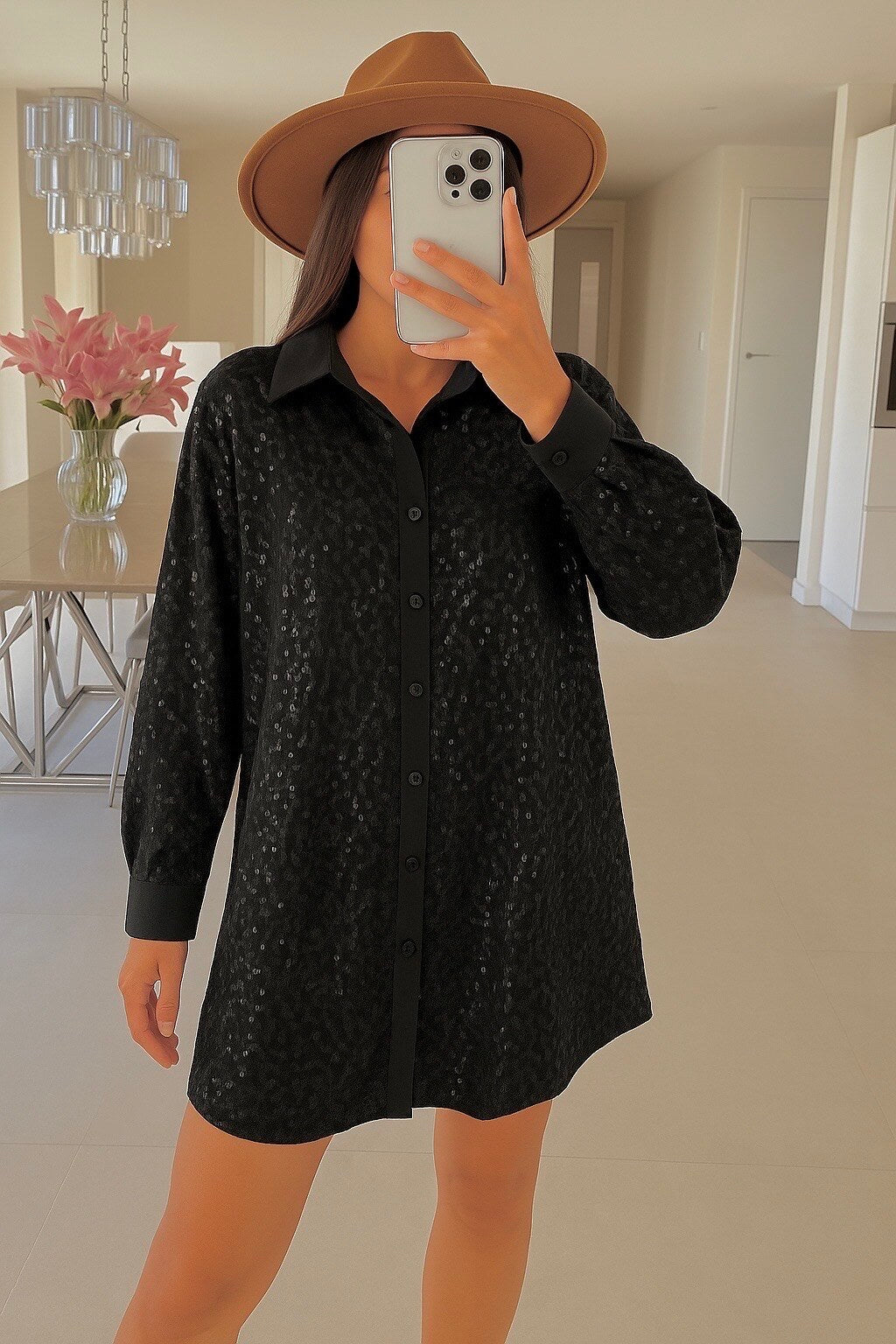 Leopard sequin shirt dress