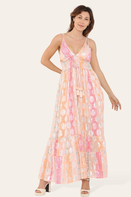 Long dress with straps, silver circle pattern, neat print ref 9113