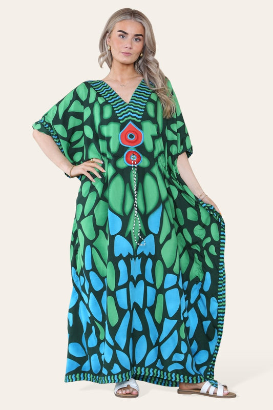 Long dress with V-neck and bold abstract print Ref-7030-L