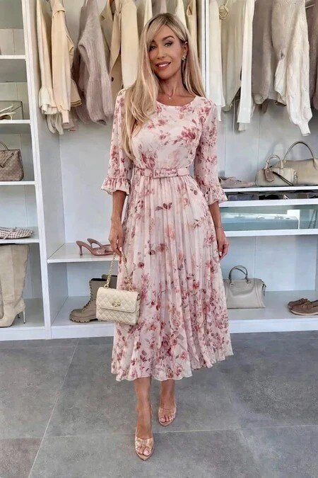 Floral print pleated dress with belt 3/4 sleeves viscose lining