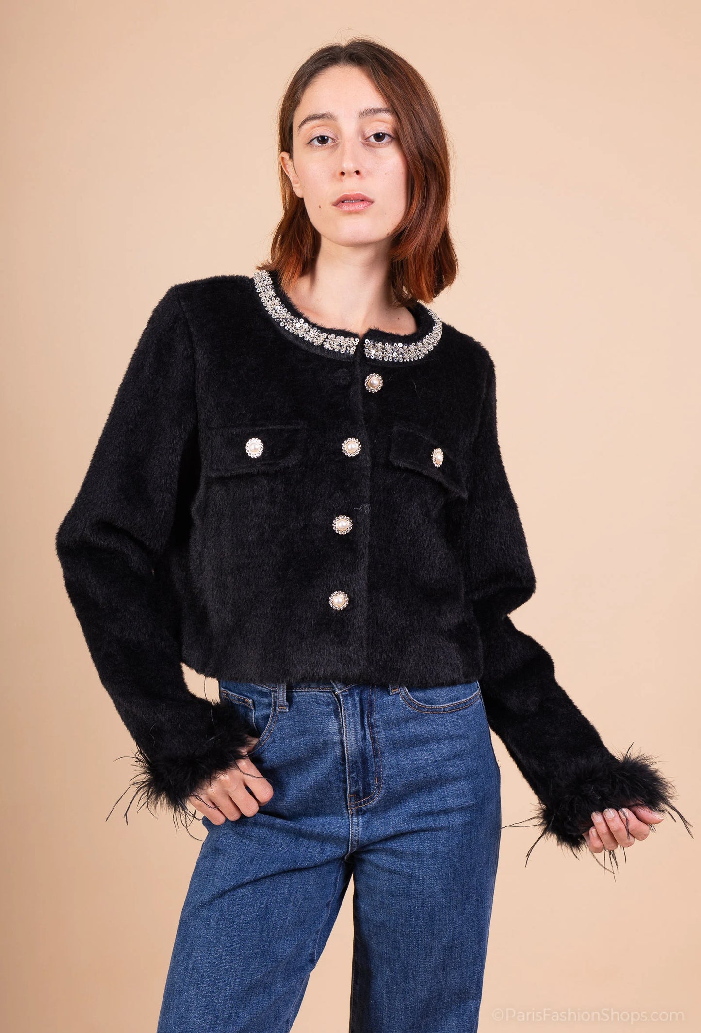 SERENA – Elegant short jacket with embellished collar and faux fur cuffs