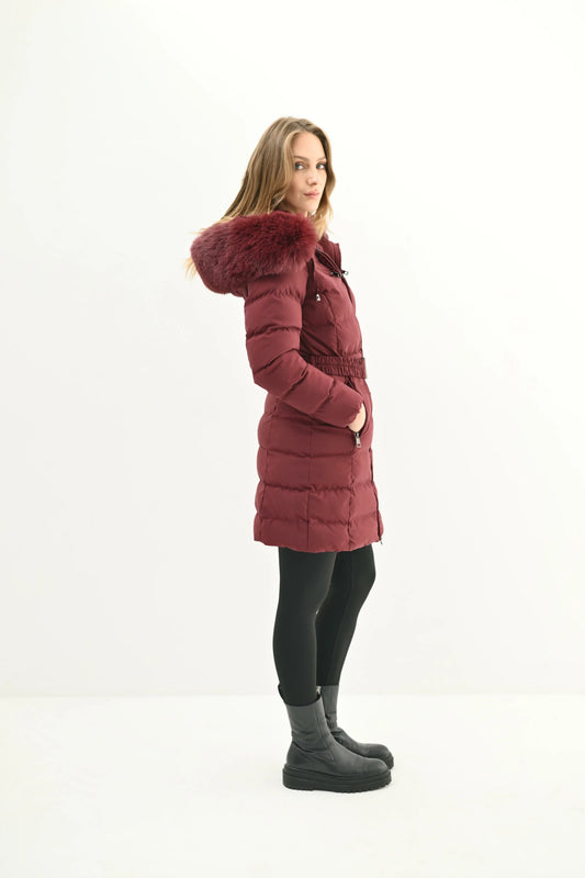 VALENTINA - Faux fur puffer jacket, belt, zippered pockets, removable hood