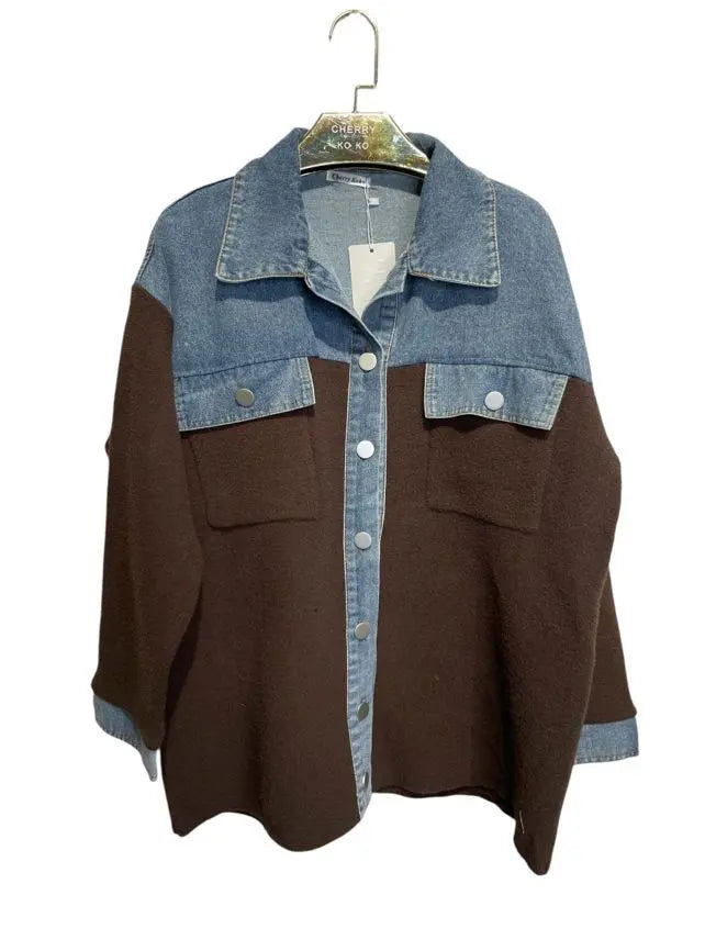 Oversized mixed-material jacket with contrasting panels