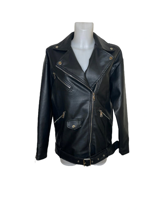 Oversized faux leather belted biker jacket with zips