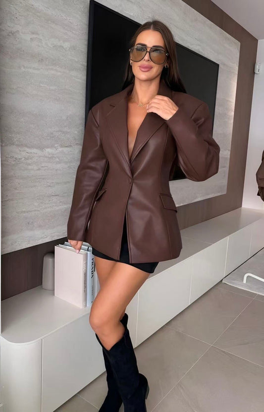 Oversized blazer jacket with faux leather lining