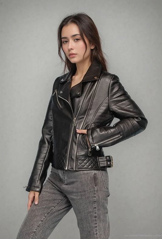 Short faux leather jacket with quilted stitching and zip details