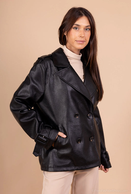 Short jacket in grained faux leather – Notched lapel – Double-breasted