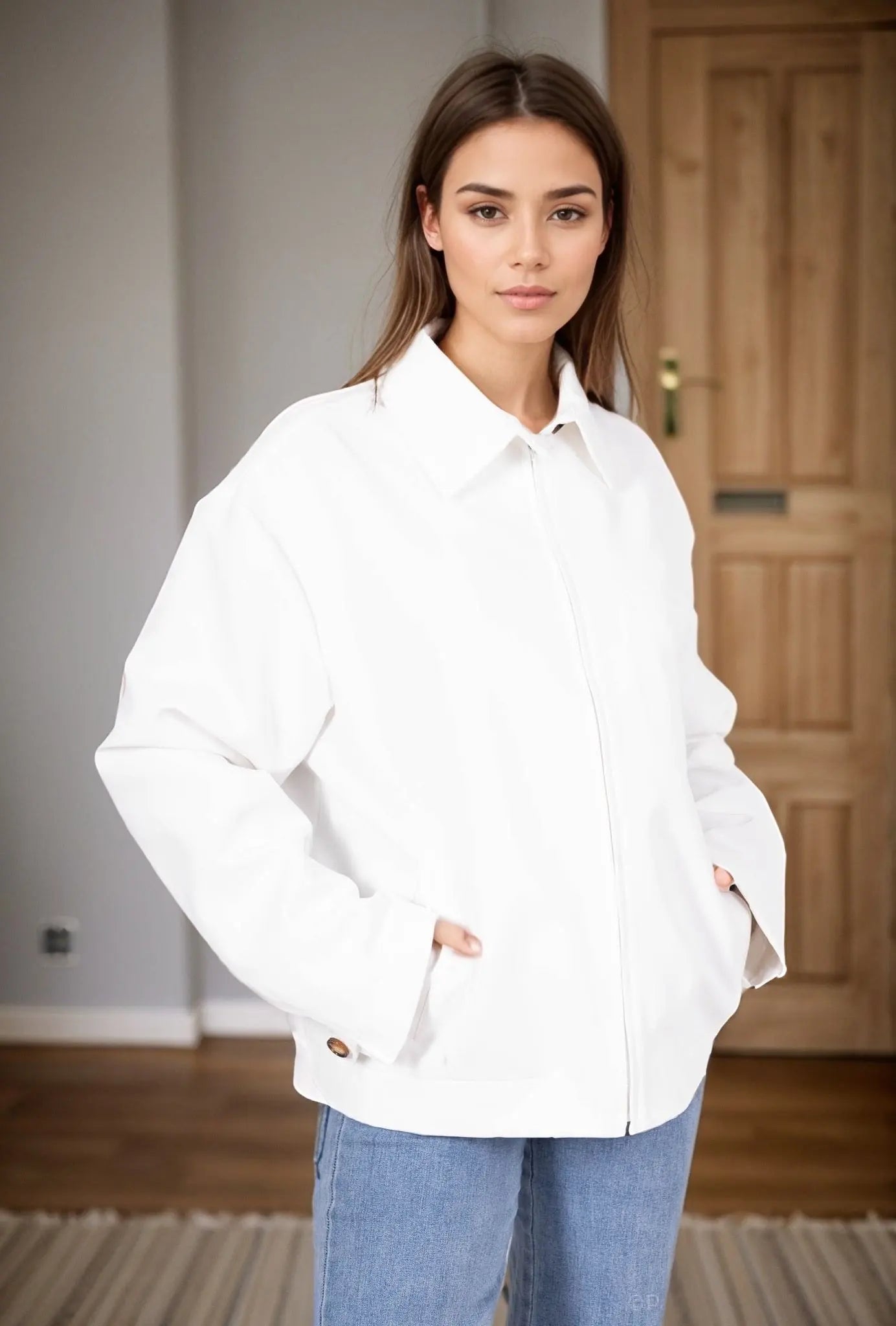 Satin Short Jacket – Shirt Collar – Loose Long Sleeves