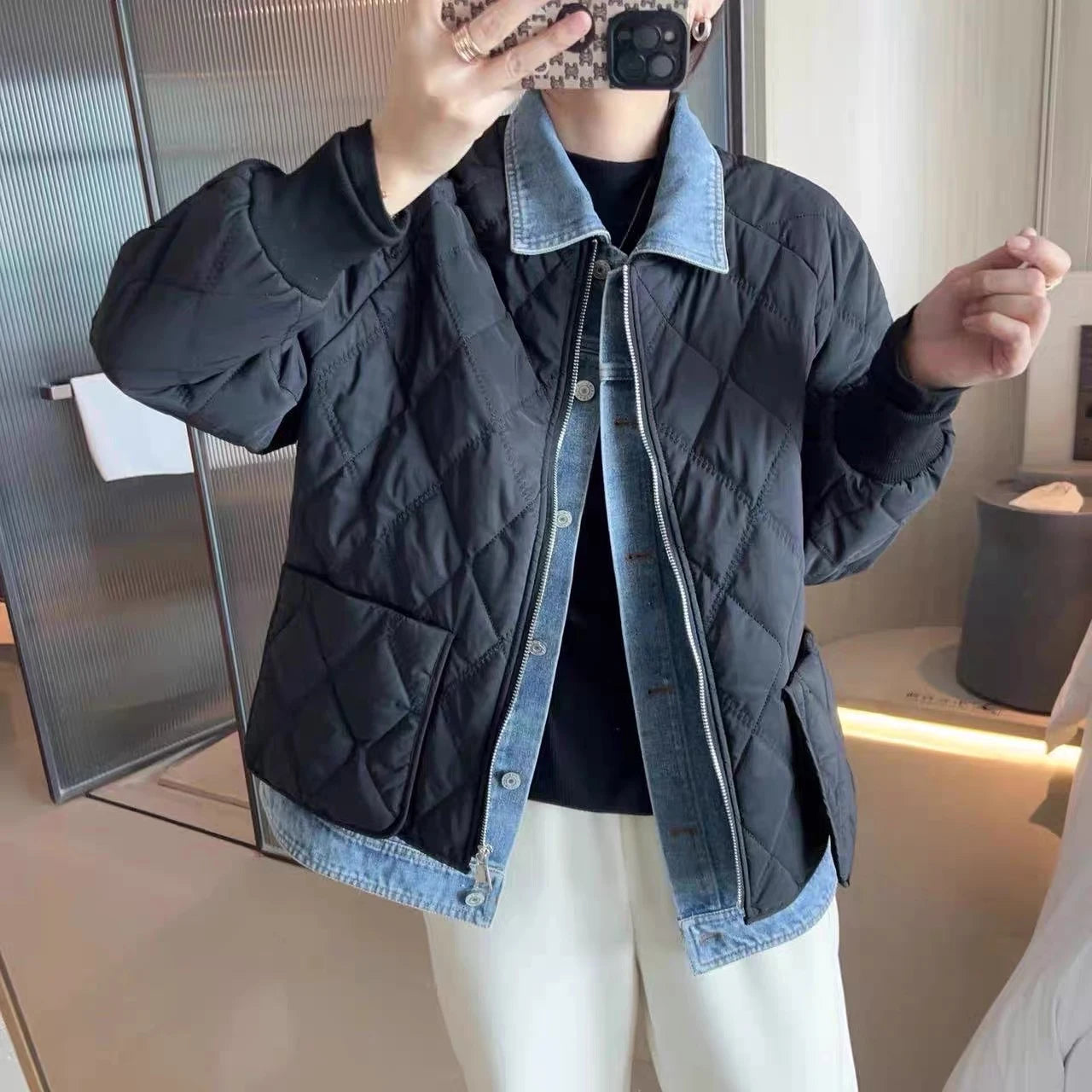 Oversized quilted jacket with denim collar – retro casual style reimagined