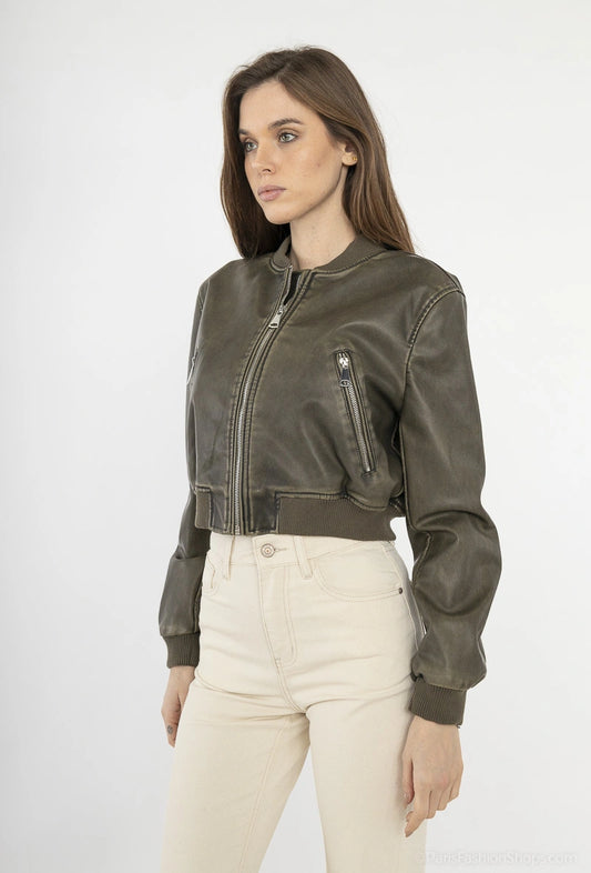 Leather teddy jacket with silver zips